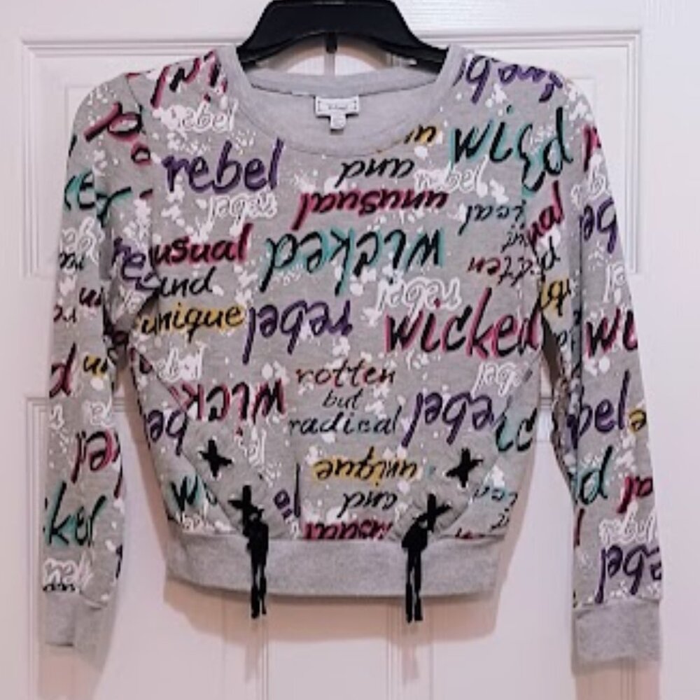 Disney D-Signed Girls gray crop top sweatshirt size 10/12 w/purple, teal, yellow